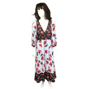 Lily and Lionel Boho Blue Floral Button Front Balloon Sleeves Maxi Dress  S